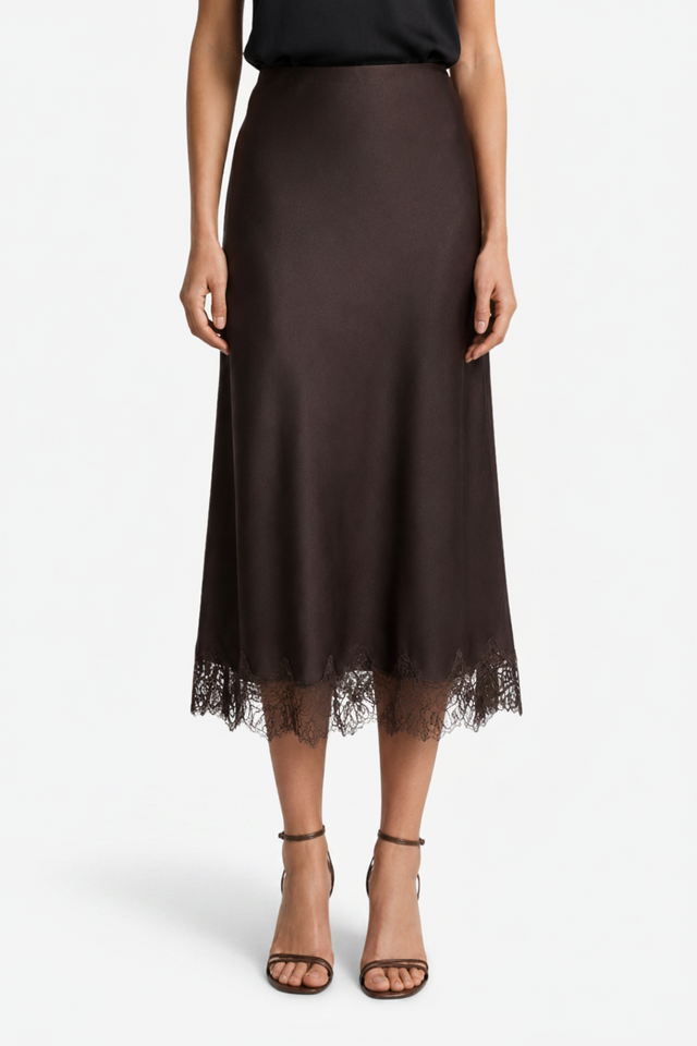 NOMU | Women's Satin Midi Skirt – Elegant Lace Trim Slip Skirt