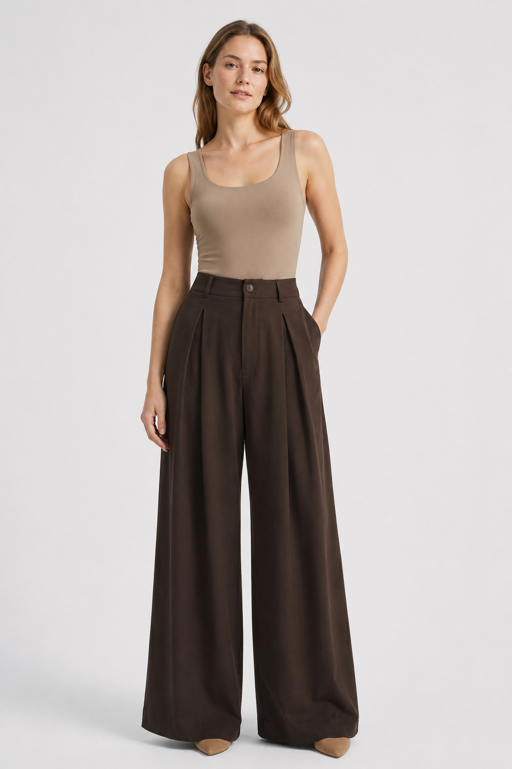 NOMU | Women's High-Waisted Wide Leg Trousers – Elegant Pleated Palazzo Pants