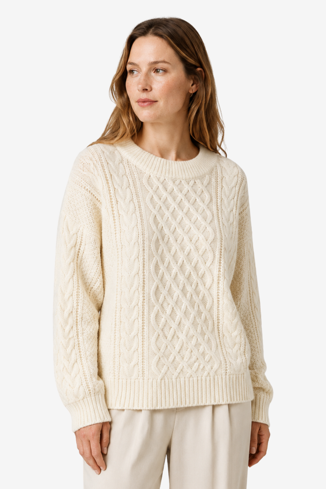 NOMU | Women's Cable Knit Sweater – Textured Crew Neck Relaxed Design