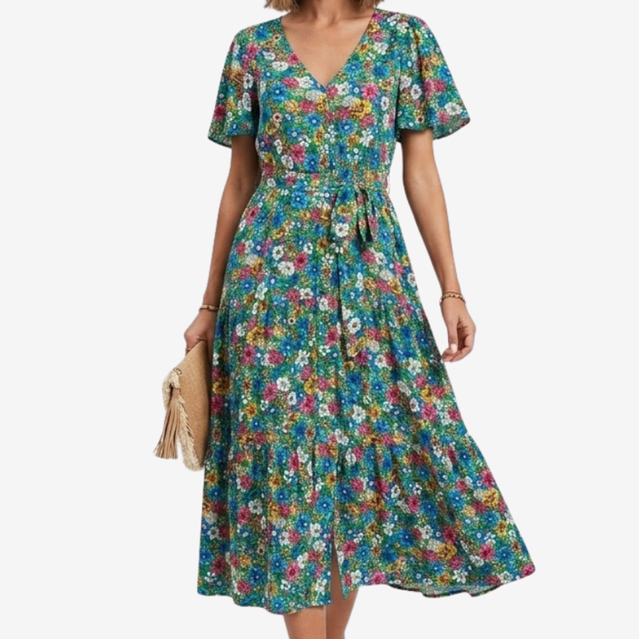 NOMU | Women's Floral Midi Dress – V Neck Short Sleeve Tie Waist Design
