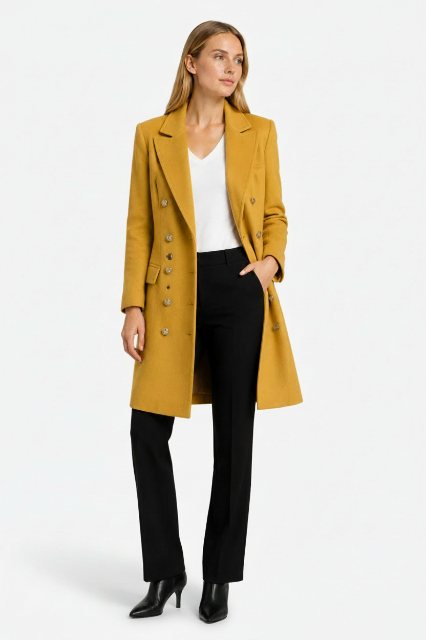 NOMU | Women's Long Button Front Coat – Double Breasted Design with Notched Lapels