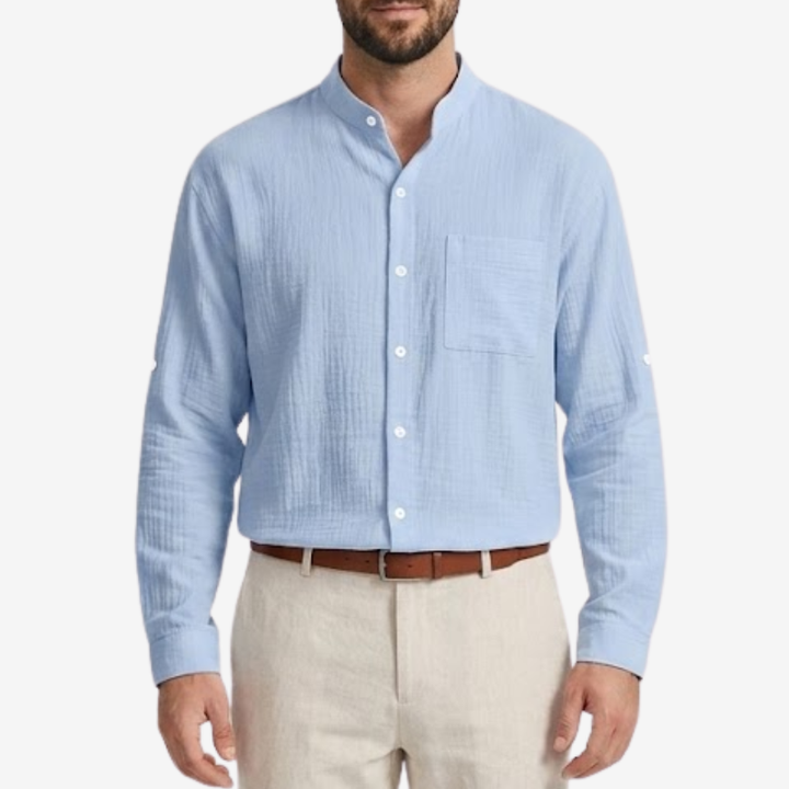 NOMU | Men's Cotton Linen Shirt – Long Sleeve Mandarin Collar Design