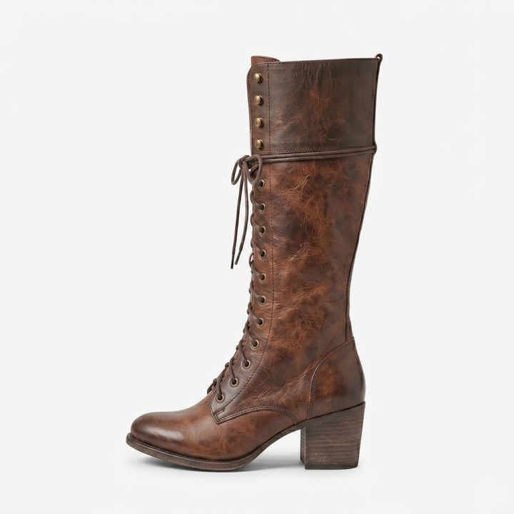 NOMU | Women's Vintage Lace-Up Knee-High Boots – Classic Block Heel Riding Boots
