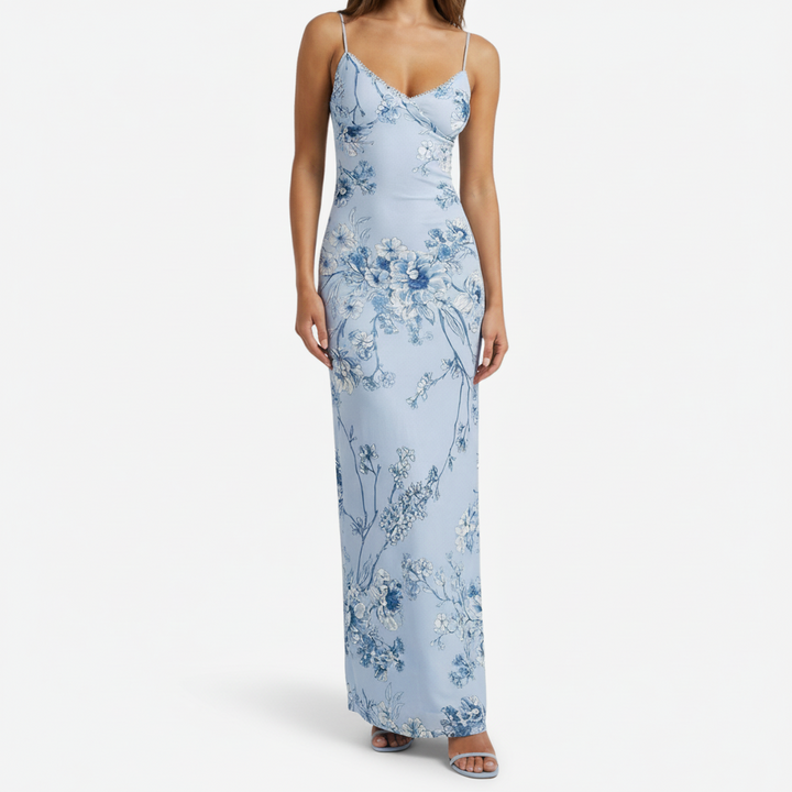 NOMU | Women's Floral Print Satin Maxi Dress – Elegant Spaghetti Strap Slip Dress