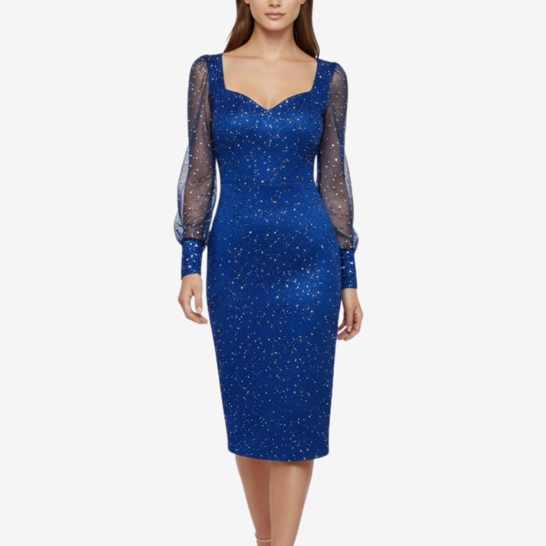 NOMU | Women's Glitter Mesh Sleeve Midi Dress – Elegant Sparkly Evening Party Dress