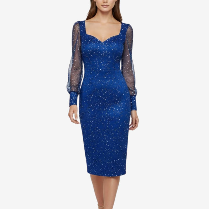 NOMU | Women's Glitter Mesh Sleeve Midi Dress – Elegant Sparkly Evening Party Dress