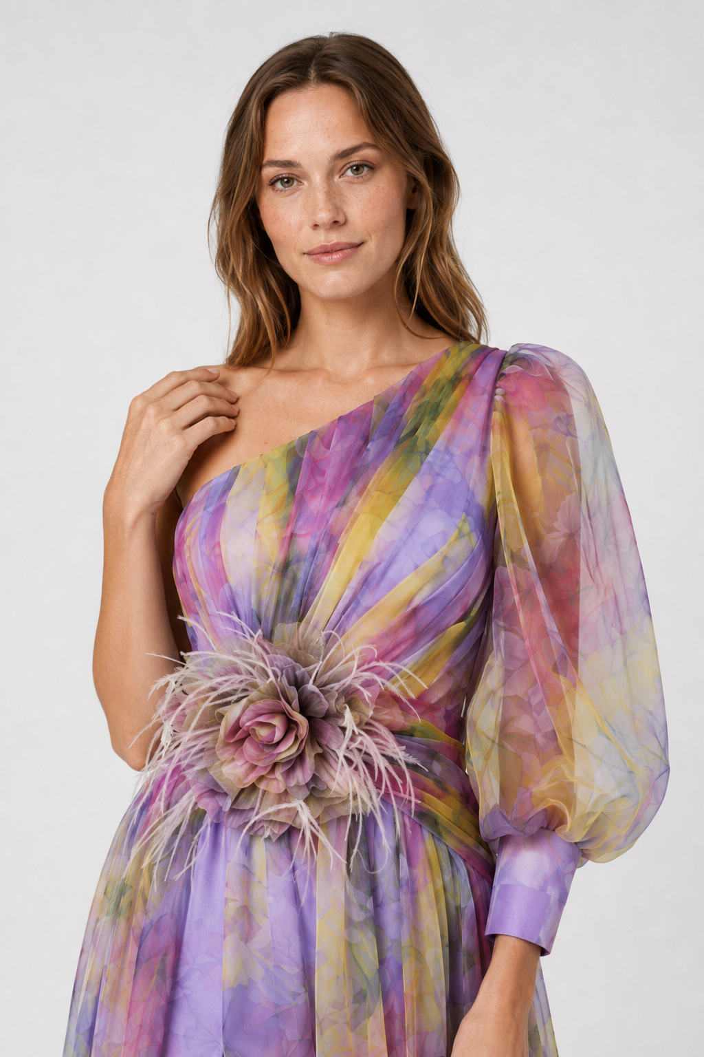 NOMU | Women's Floral One-Shoulder Evening Gown – Elegant High Slit Maxi Dress