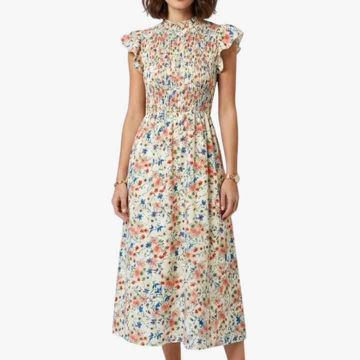 NOMU | Women's Floral Midi Dress – High Neck Flutter Sleeve Smocked Waist Design