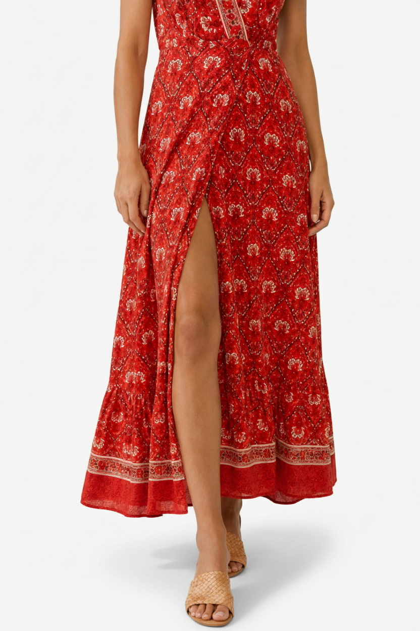 NOMU | Women's Printed Midi Dress – V Neck Short Sleeve Wrap Style Side Slit Design