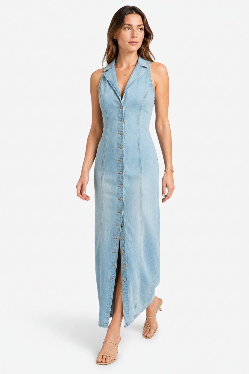 NOMU | Women's Denim Midi Dress – Sleeveless Button Front Fitted Design