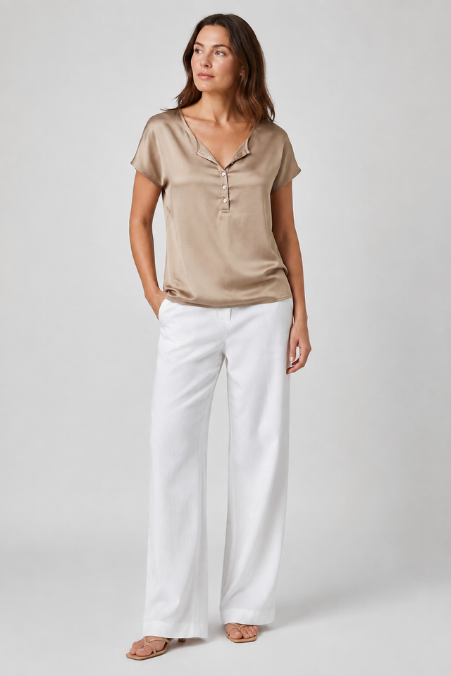 NOMU | Women’s V-Neck Button Detail Short Sleeve Blouse