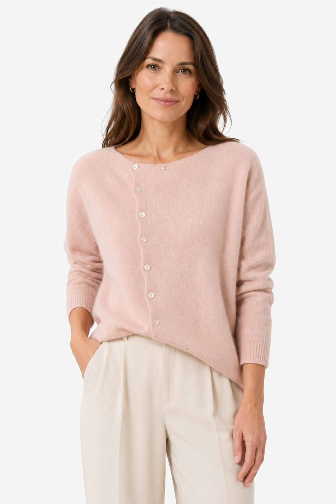 NOMU | Women's Button Front Cardigan – Asymmetric Neckline Relaxed Knit Design