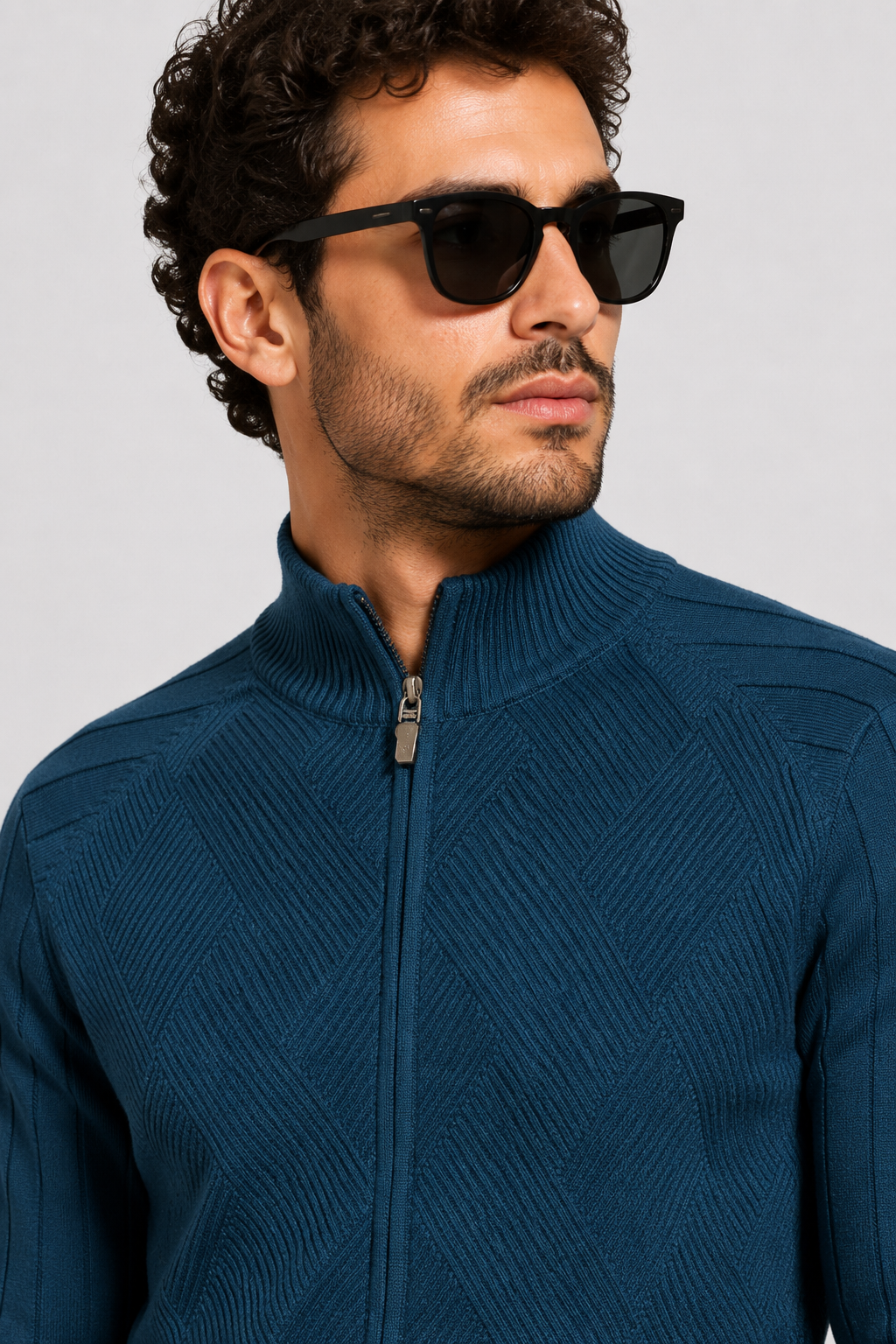 NOMU | Men's Zip-Up Knit Sweater Jacket – Textured Stand Collar Cardigan