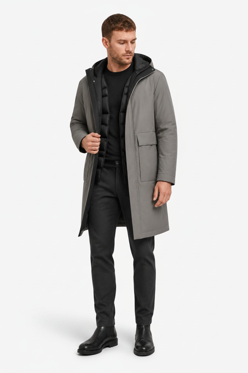 NOMU | Men's Long Quilted Hooded Parka – Full Length Design with Front Pockets