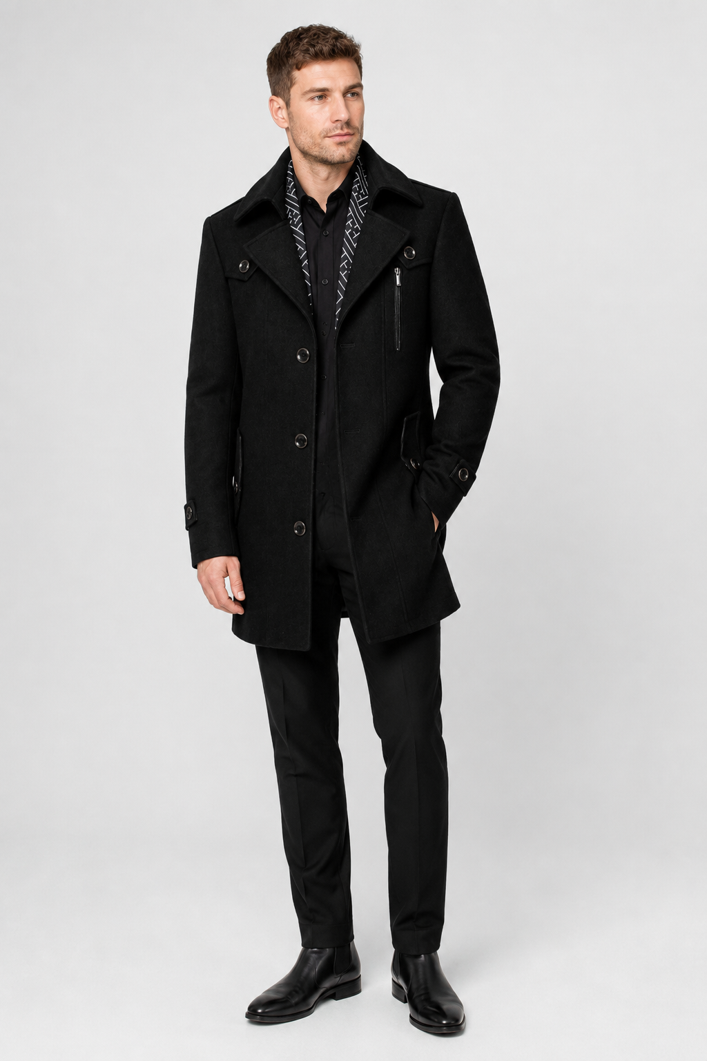 NOMU | Men's Wool Blend Military Overcoat – Tailored Button Front Coat