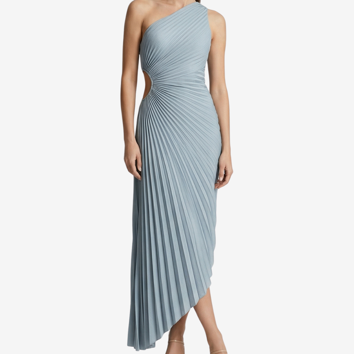 NOMU | Women's One Shoulder Pleated Midi Dress – Elegant Cutout Evening Party Dress