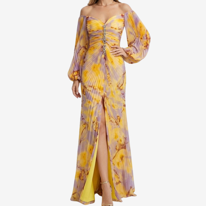 NOMU | Women's Off Shoulder Maxi Dress – Ruched Long Sleeve Split Hem Design