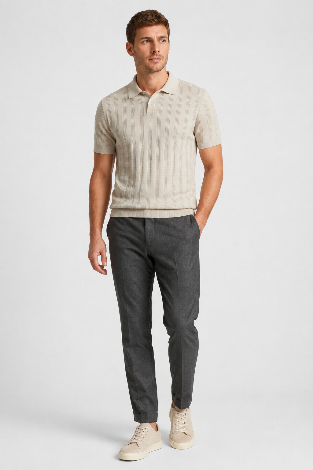 NOMU | Men’s Textured Vertical Stripe Knit Polo Shirt