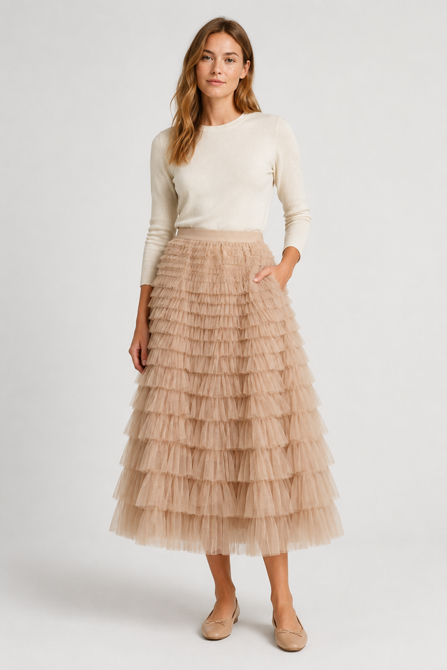 NOMU | Women’s Layered Ruffle Tulle Midi Skirt
