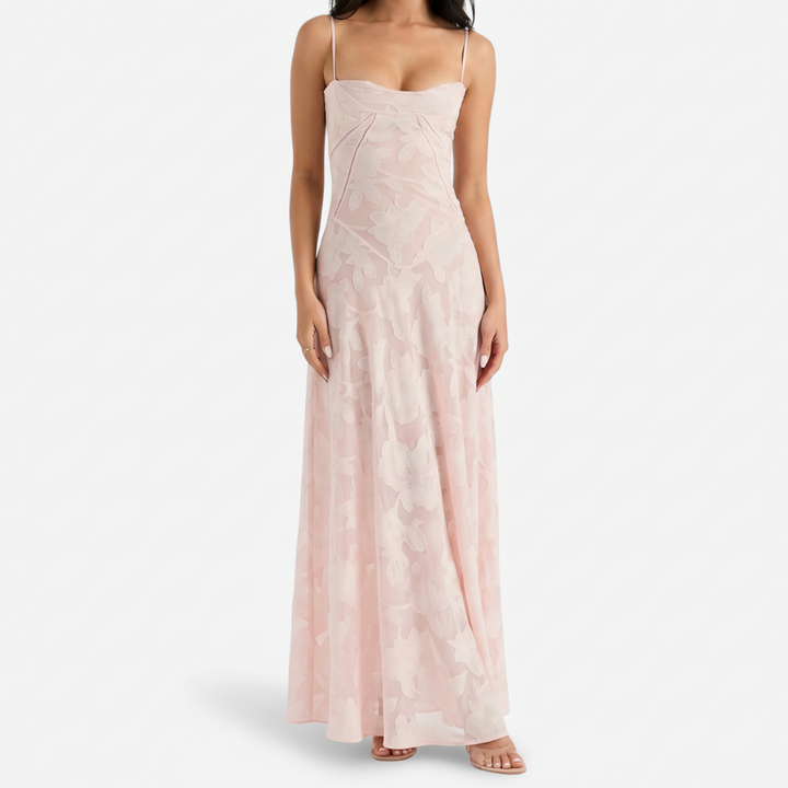 NOMU | Women's Mesh Maxi Dress – Spaghetti Strap Floral Overlay Fitted Design