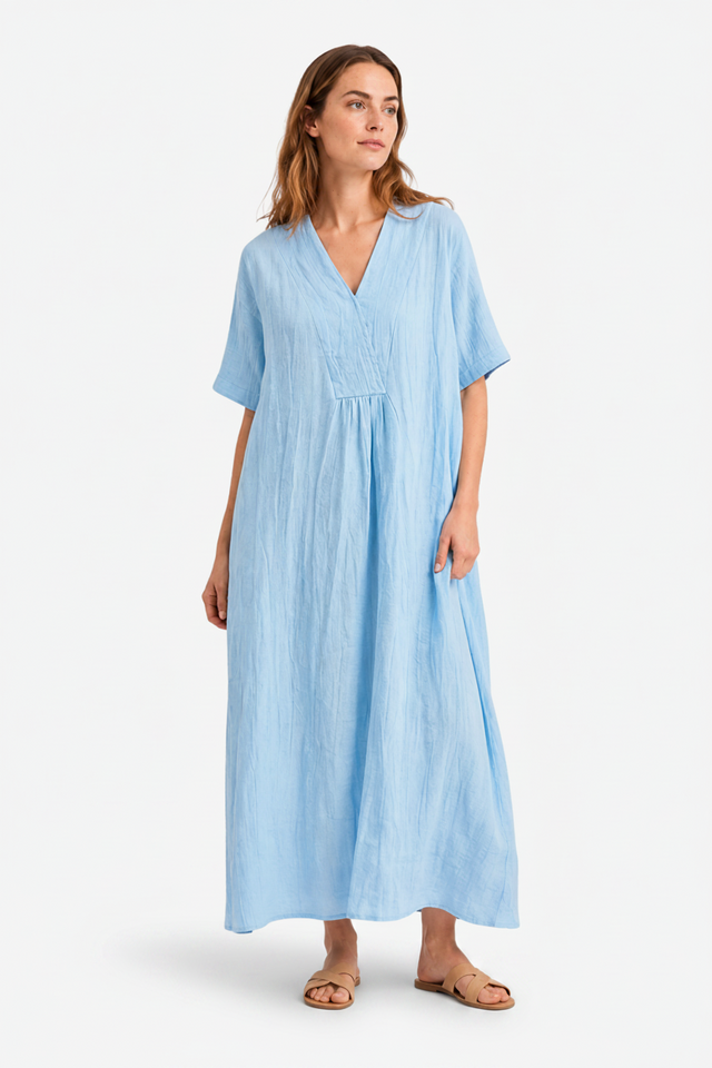 NOMU | Women's Casual Linen Dress – V-Neck Short Sleeve Loose Fit