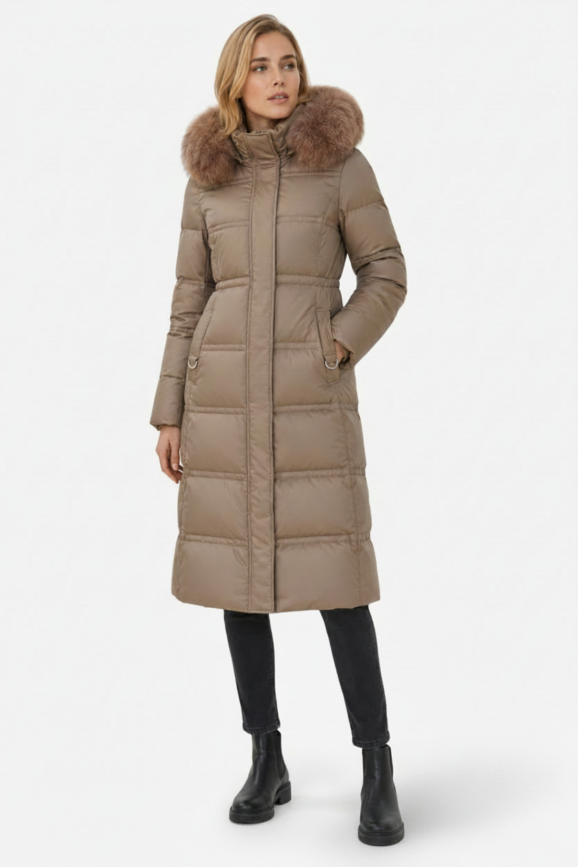 NOMU | Women's Long Puffer Coat – Fitted Waist with Fur Trim Hood