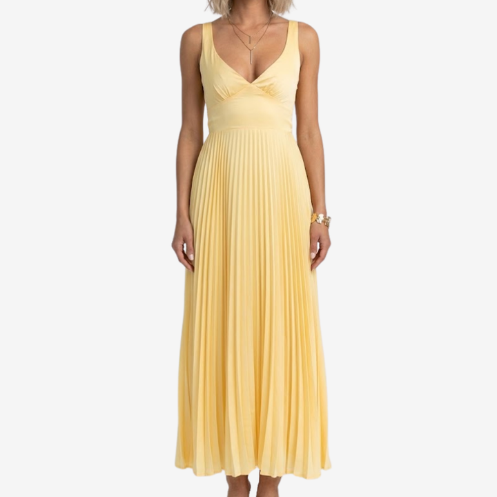 NOMU | Women's Pleated Maxi Dress – Sleeveless V Neck Flowy Design