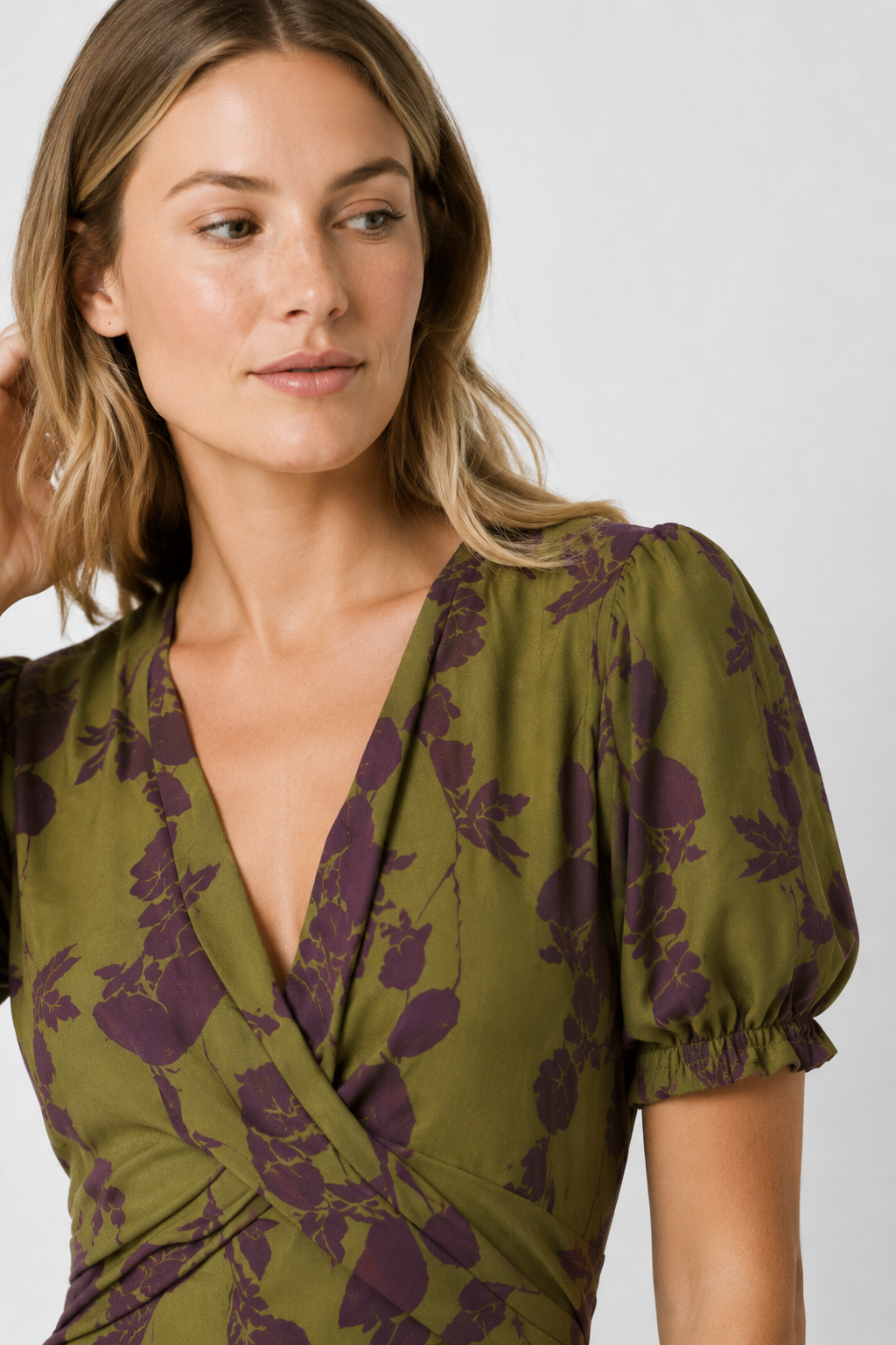 NOMU | Women's Floral Puff Sleeve Midi Dress – Elegant Wrap Waist Evening Dress