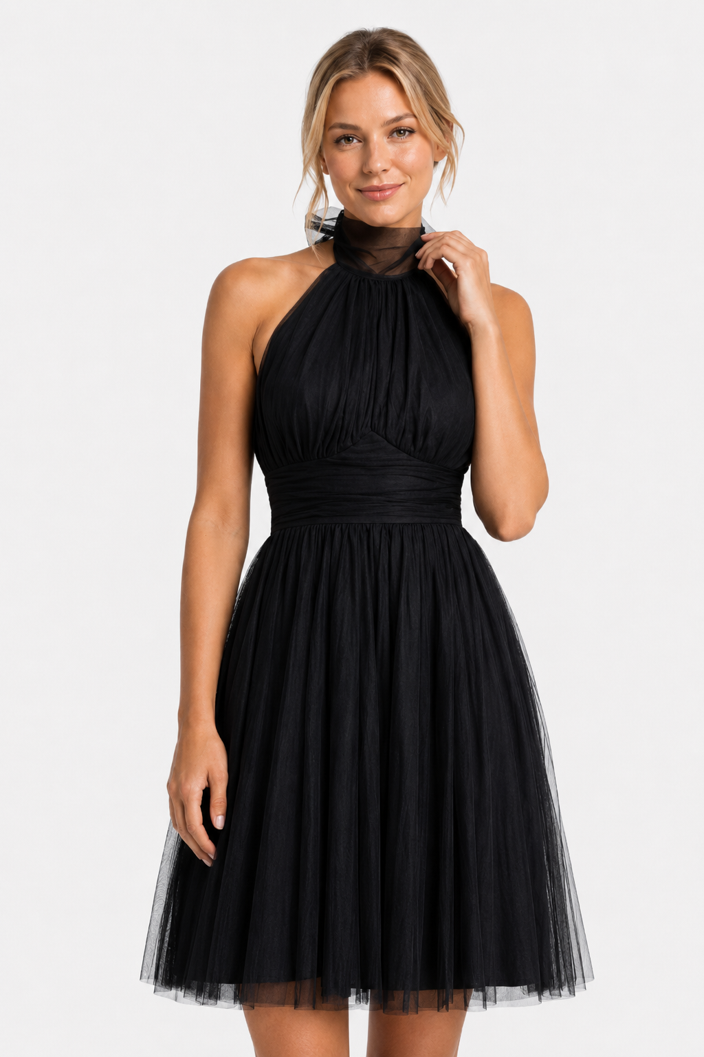 NOMU | Women's Halter Neck Tulle Midi Dress – Elegant Sleeveless Princess Party Dress