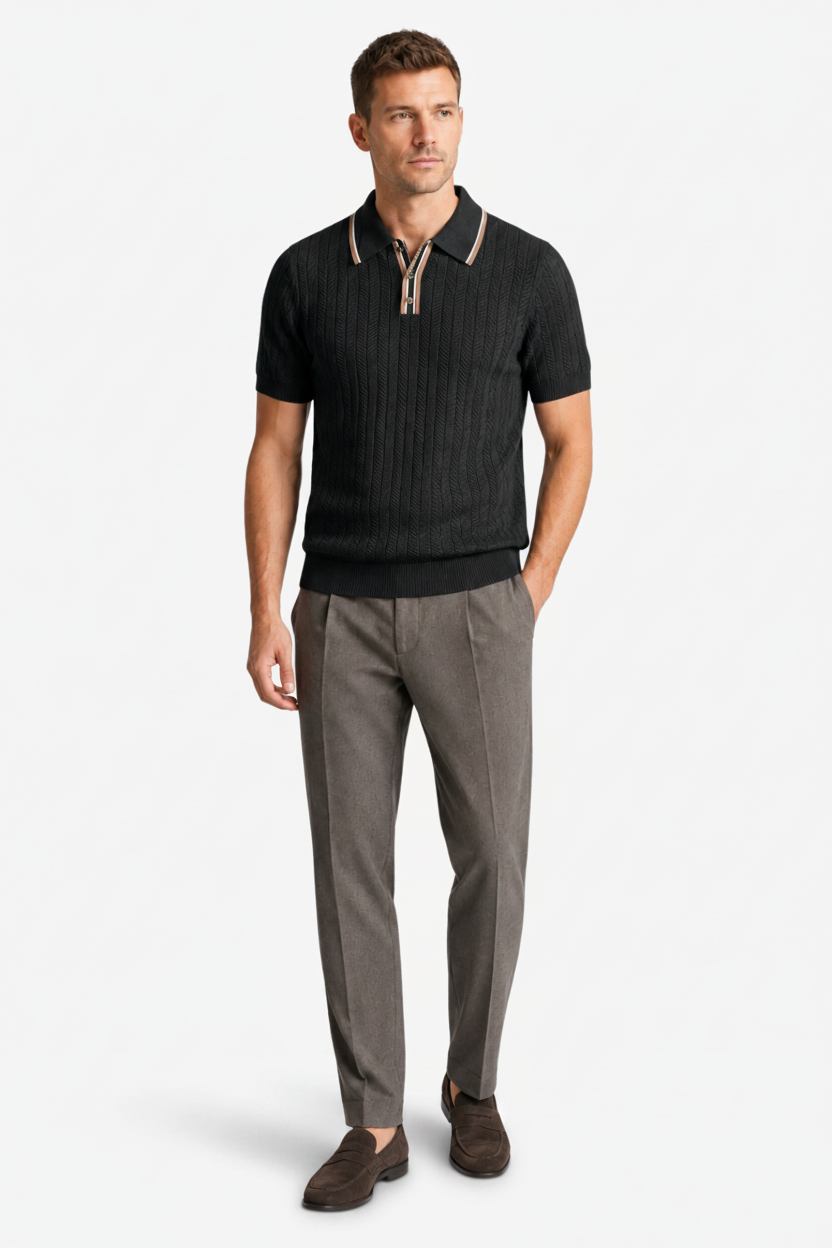 NOMU | Men’s Contrast Trim Ribbed Knit Polo Shirt