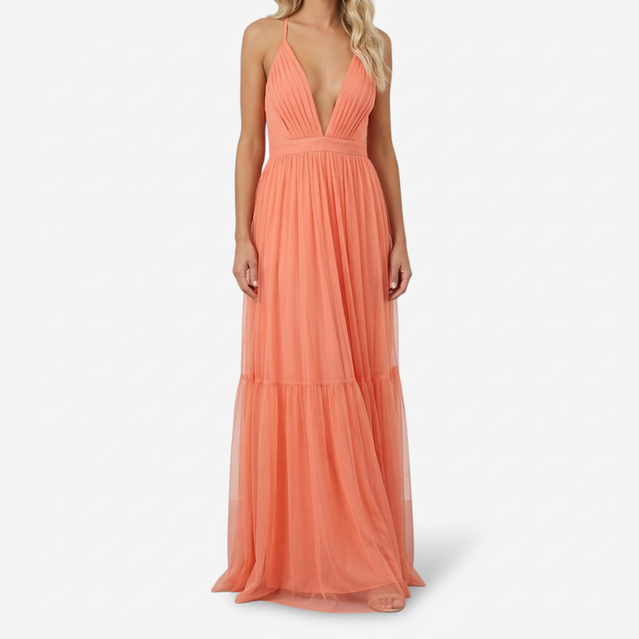 NOMU | Women's Pleated Deep V-Neck Maxi Dress – Elegant Sleeveless Evening Dress
