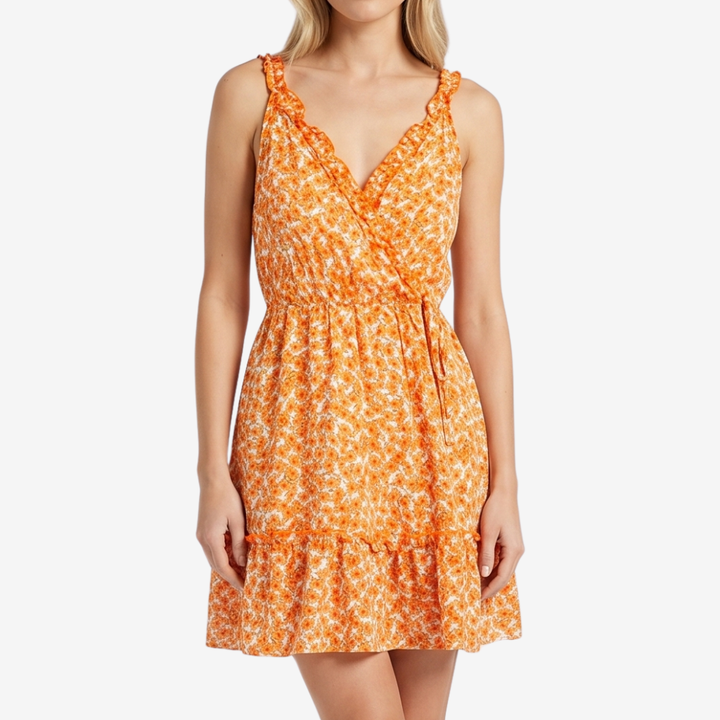 NOMU | Women's Printed Mini Dress – V Neck Ruffle Strap Tie Waist Design