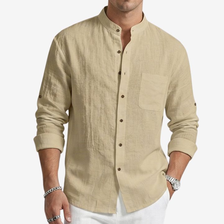 NOMU | Men's Linen Blend Shirt – Long Sleeve Mandarin Collar Button Design