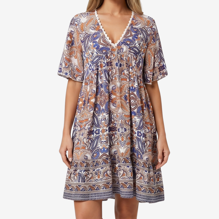 NOMU | Women's Printed Mini Dress – V Neck Short Sleeve Loose Fit Design