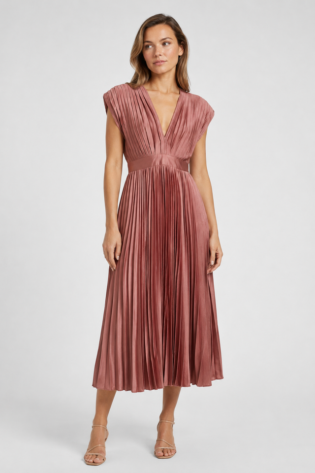 NOMU | Women's Pleated V-Neck Midi Dress – Elegant Sleeveless Flowing Evening Dress