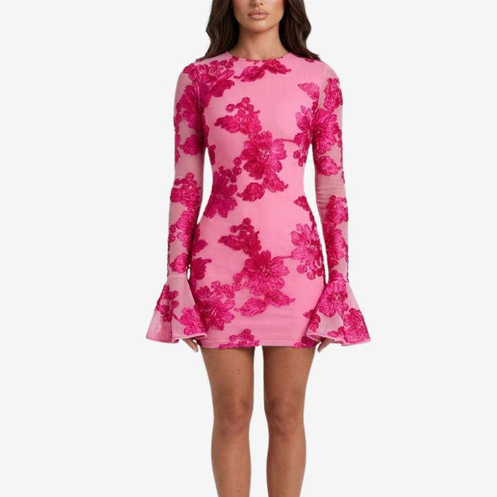 NOMU | Women's Floral Mesh Mini Dress – Elegant Long Sleeve Bodycon Party Dress