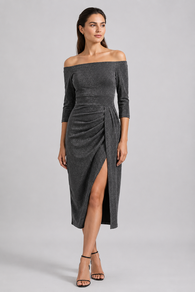 NOMU | Women's Off Shoulder Midi Dress – Long Sleeve Side Slit Fitted Design