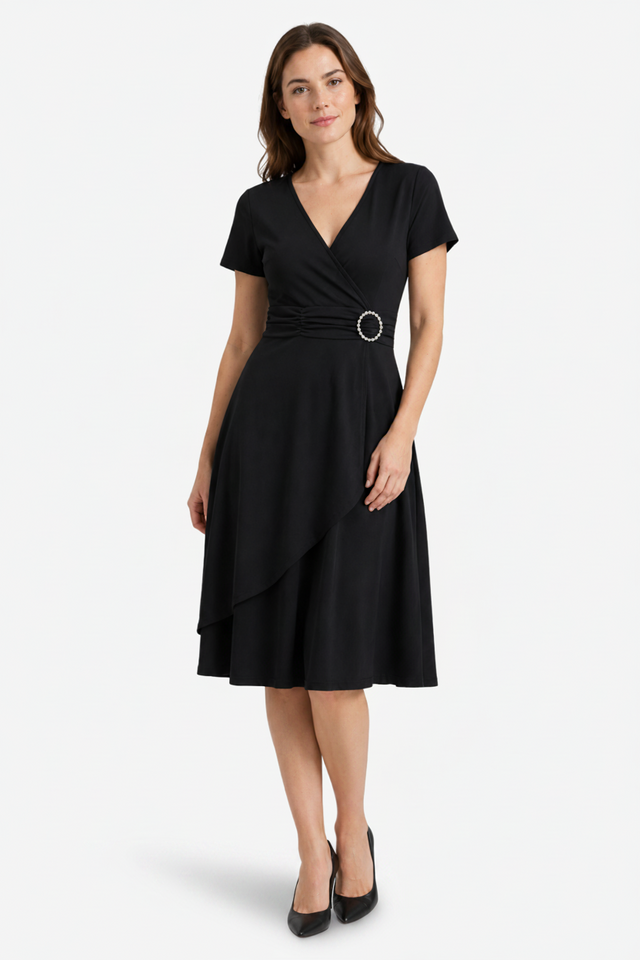NOMU | Women's Elegant Wrap Midi Dress – Short Sleeve V-Neck Party Dress