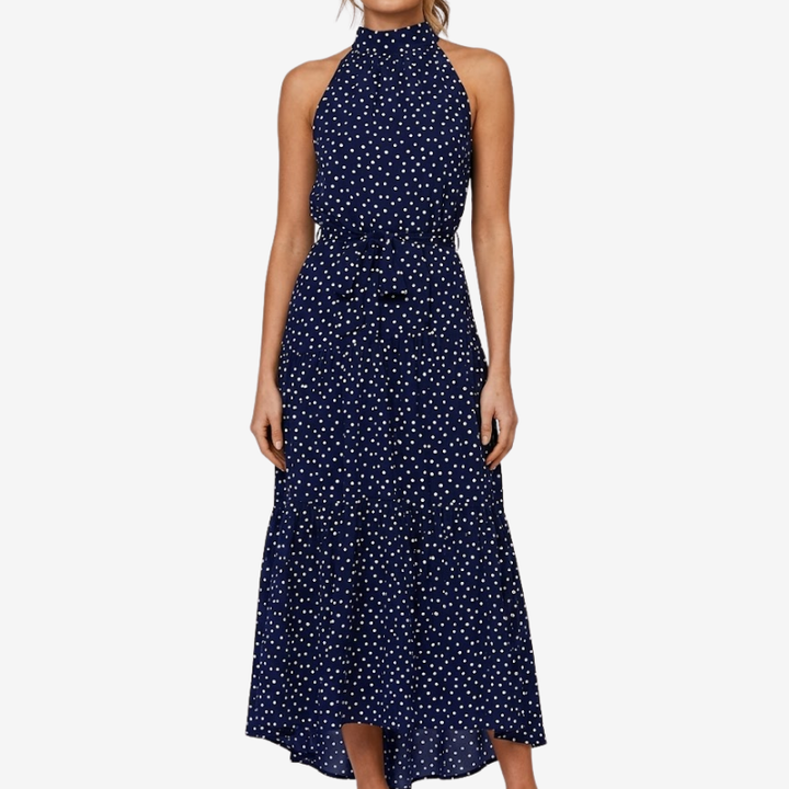 NOMU | Women's Polka Dot Halter Maxi Dress – Elegant Sleeveless Tie Waist Dress