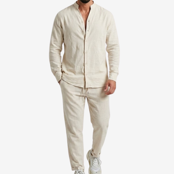 NOMU | Men's Mandarin Collar Linen Button-Down Set – Matching Pants & Drawstring Waist