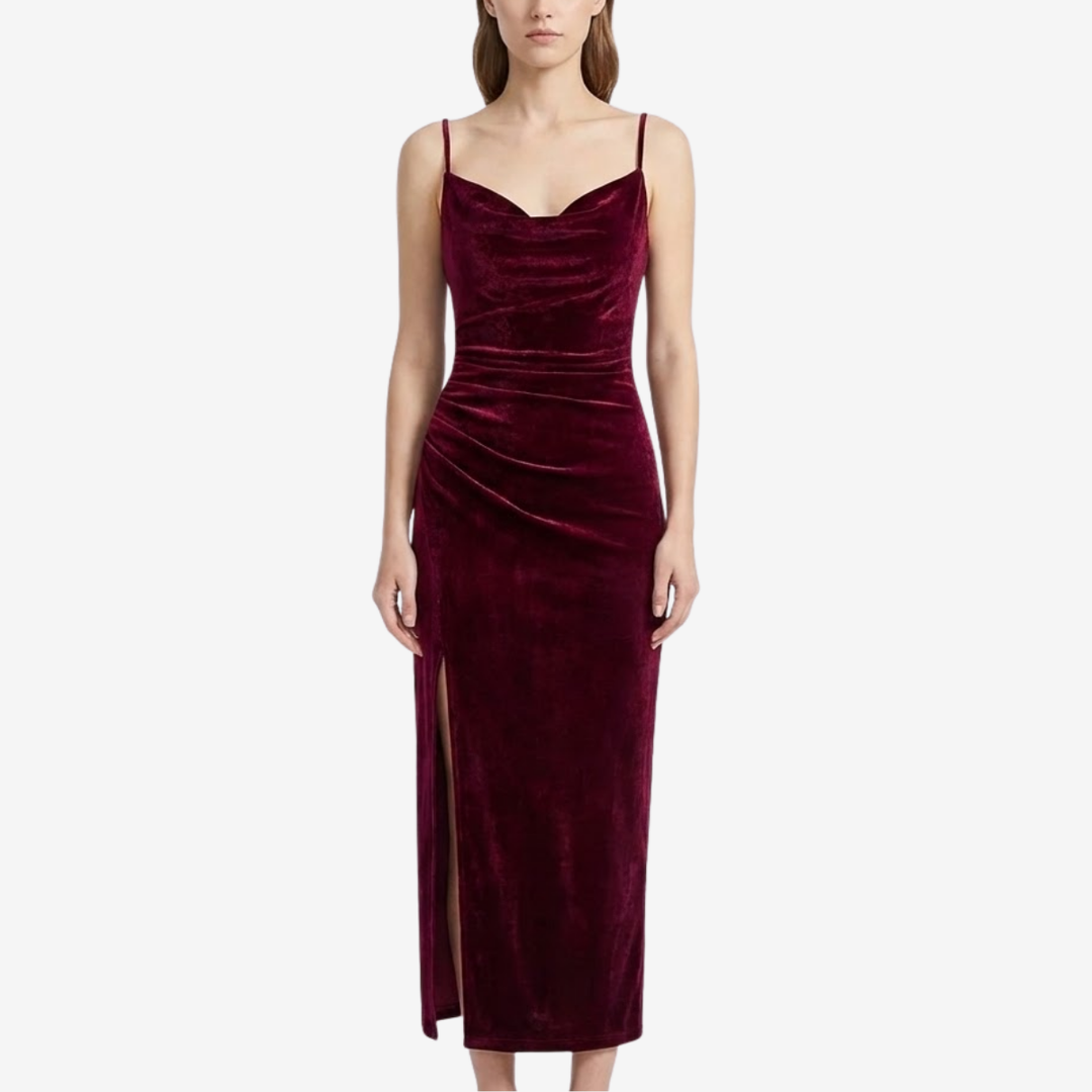 NOMU | Women's Velvet Cowl Neck Midi Dress – Elegant Sleeveless Slit Evening Gown