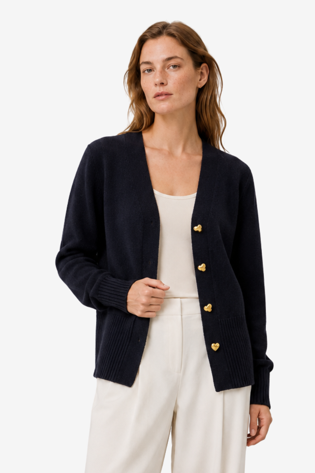 NOMU | Women's V-Neck Knit Cardigan – Heart Button Front Relaxed Design