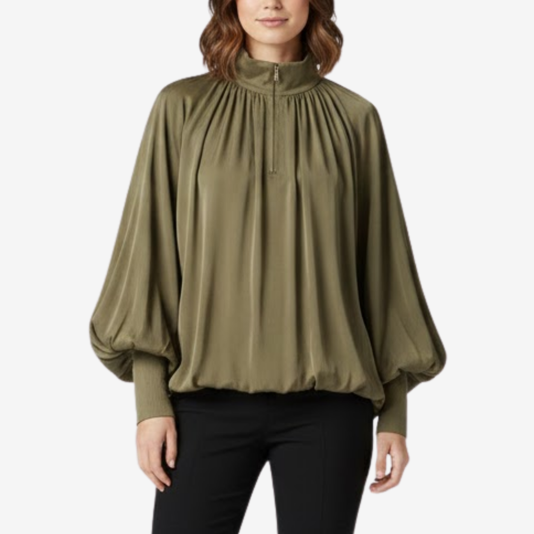 NOMU | Women's Gathered High Neck Blouse – Elegant Balloon Sleeve Top