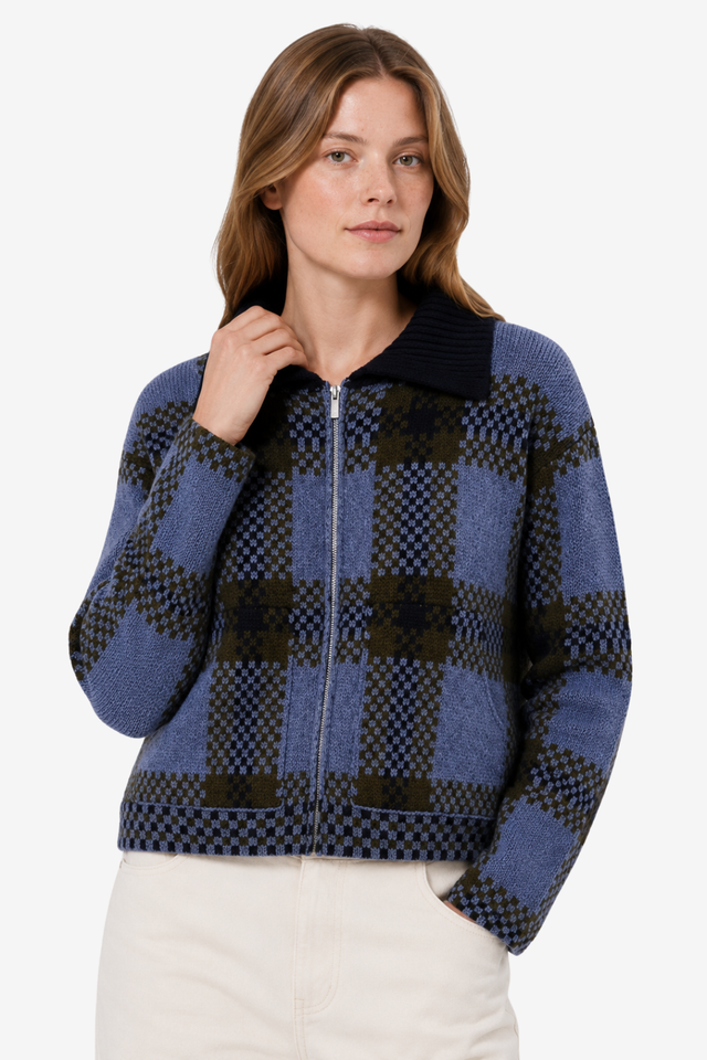 NOMU | Women's Plaid Knit Zip-Up Jacket – Soft Checkered Cardigan Coat