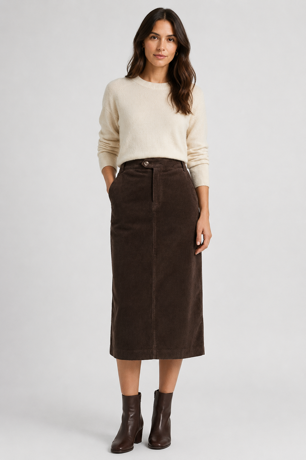 NOMU | Women's Corduroy Midi Skirt – High Waisted Straight Pencil Skirt