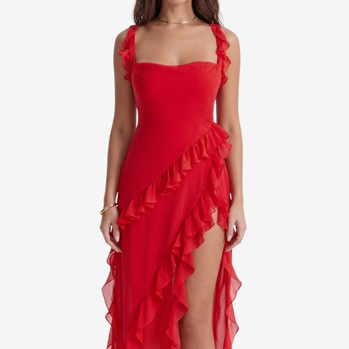 NOMU | Women's Ruffle Trim High Slit Maxi Dress – Elegant Sleeveless Evening Dress