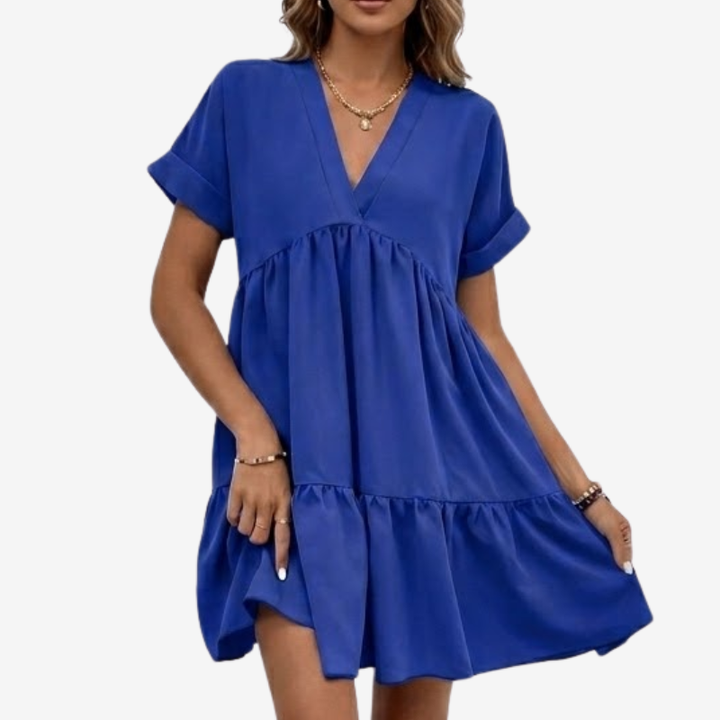 NOMU | Women's Tiered Mini Dress – V Neck Short Sleeve Loose Fit Design