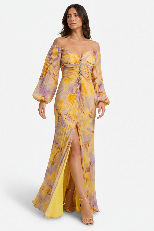 NOMU | Women's Off Shoulder Maxi Dress – Ruched Long Sleeve Split Hem Design