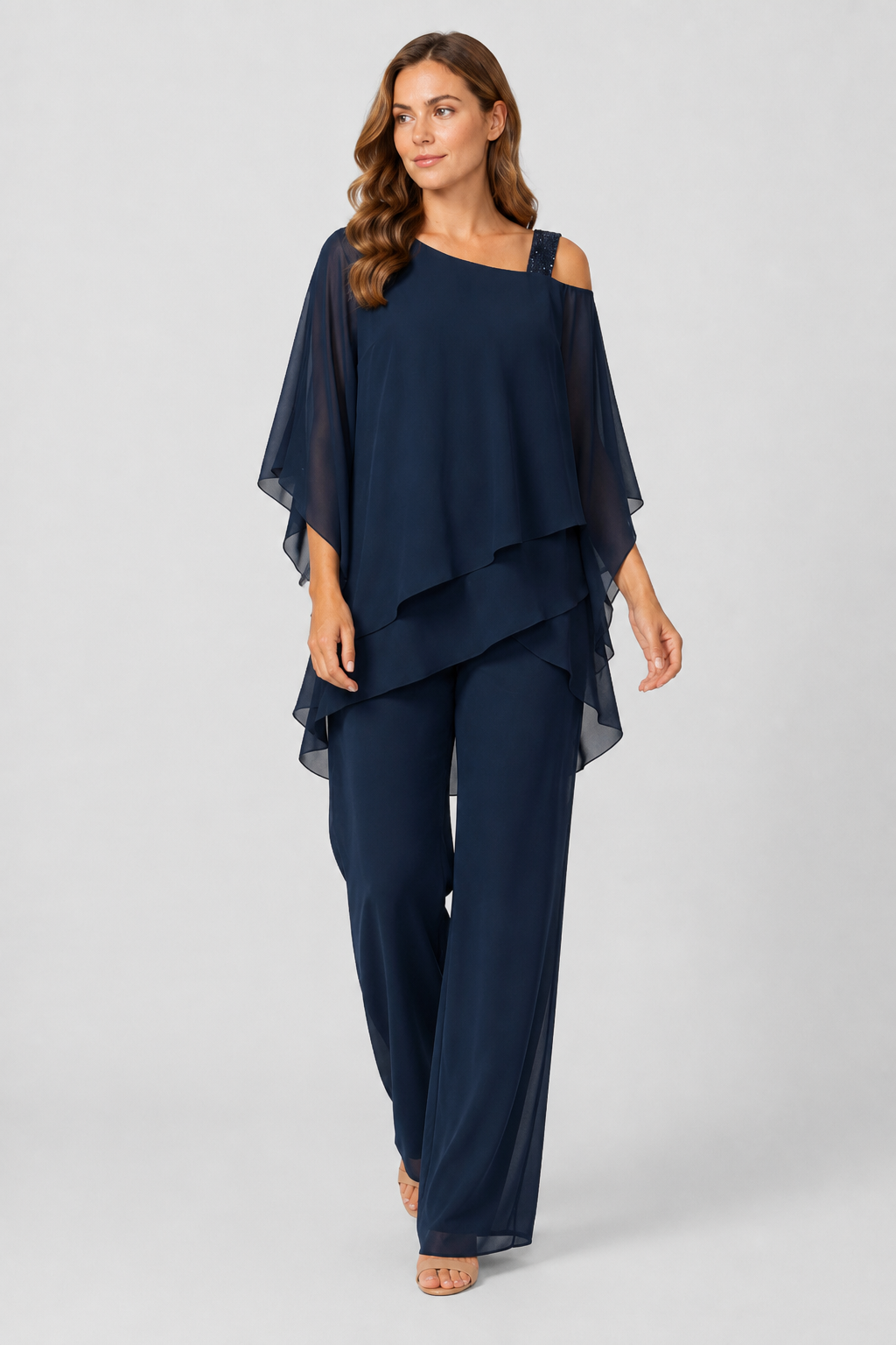 NOMU | Women's Elegant Chiffon Overlay Pant Set – Flowing Evening Two-Piece Outfit