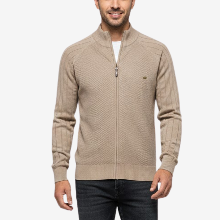 NOMU | Men's Zip-Up Knit Sweater Jacket – Textured Stand Collar Cardigan